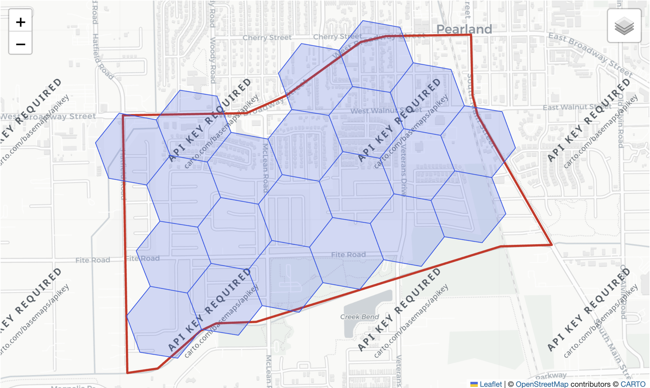 A Houston census tract outlined in red with its resolution-9 H3 coverage shown as blue hexagons